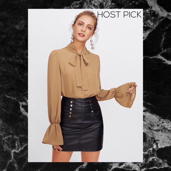 Tops - KHAKI ELASTIC TRUMPET CUFF BOW TIED BLOUSE SZ S